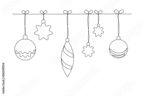 Fototapeta Festive stars and balls drawn with continuous line in minimalism, one line. Editable vector outline.