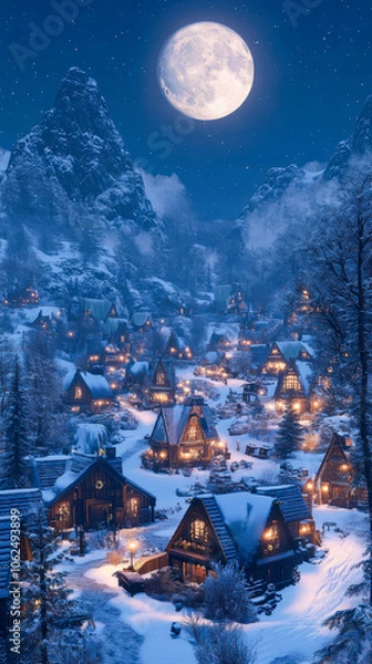 Fototapeta vertical image of a snowy village at night with glowing Christmas lights and a full moon in the sky, suitable for mobile phone