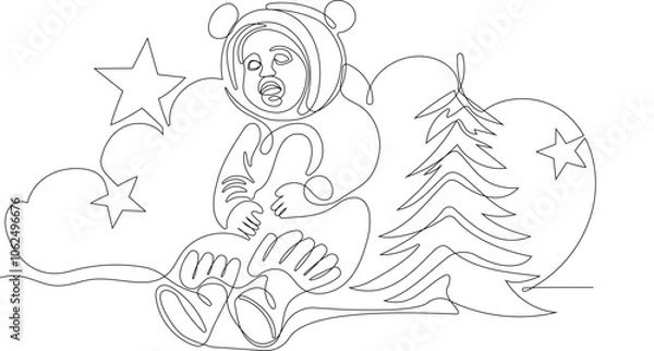 Fototapeta Outlined Cute Santa Claus Cartoon Character With A Sack Full Of Gifts. Vector Hand Drawn Illustration. One continuous line drawing Santa Claus on reindeer and sled. concept for Christmas and New Year