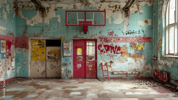 Obraz old decayed school gym with graffiti on the walls