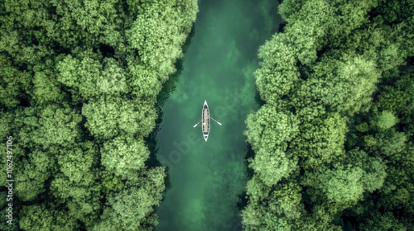 Obraz aerial view of man in rowboat on a stream in the forest.