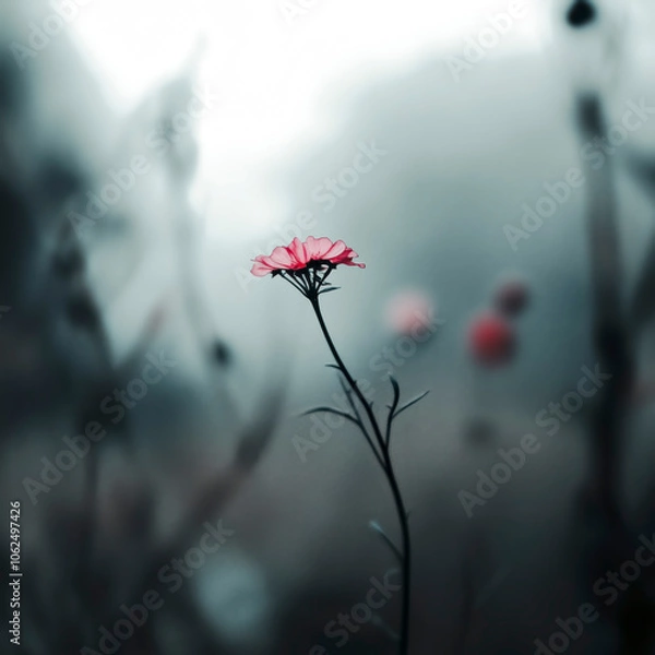 Obraz pink red flower in the fog in autumn