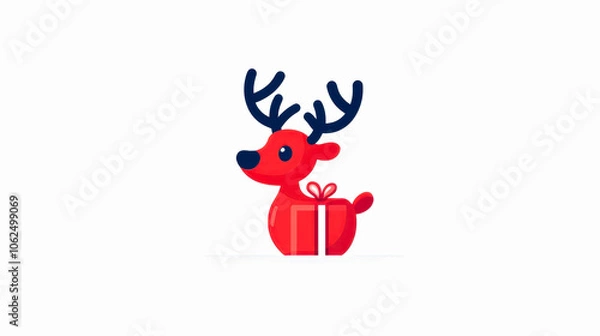 Fototapeta Cute red reindeer with gift, white isolate background.