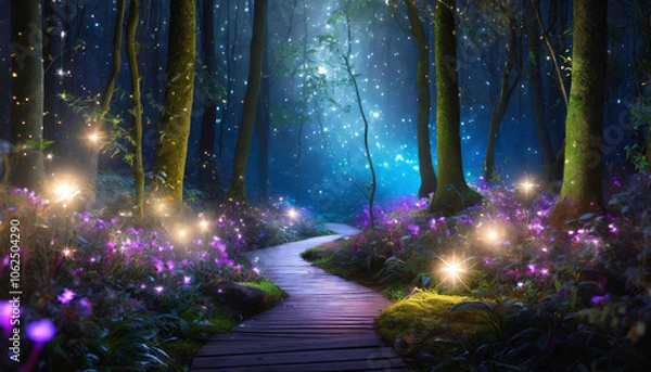Obraz Enchanted forest path with glowing flowers