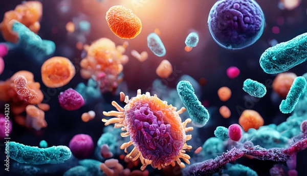 Obraz Illustration of microbiota including bacteria, fungi, protozoa, and viruses coexisting