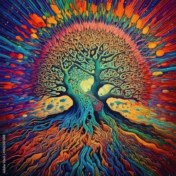 Obraz psychedelic sacred tree tribal spiritual energy type trippy pattern