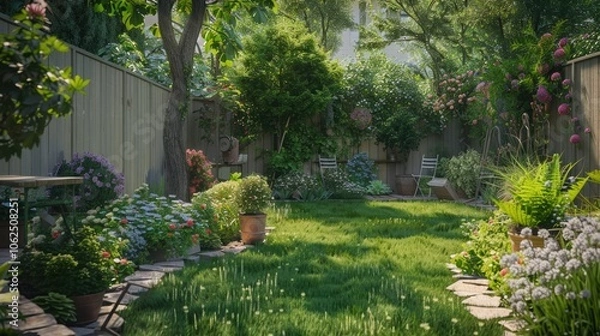 Fototapeta Gardening in a sunny backyard.