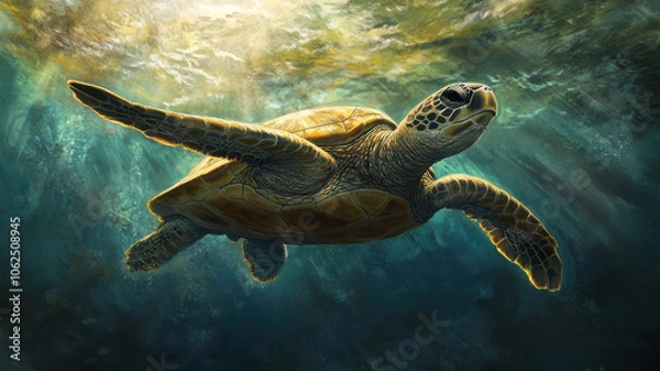 Fototapeta sea turtle swimming gracefully through warm ocean waters, showcasing its majestic form and serene environment. sunlight filters through water, creating tranquil atmosphere