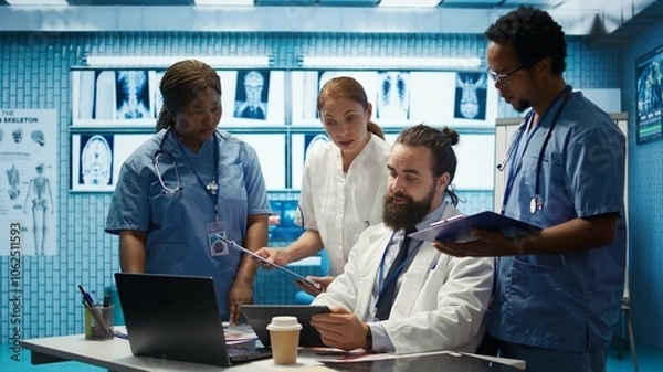 Fototapeta Healthcare professionals examine human anatomy scans to develop treatment plans, teamwork and expertise in radiology. Medical specialists work with analytics at private clinic. Camera B.