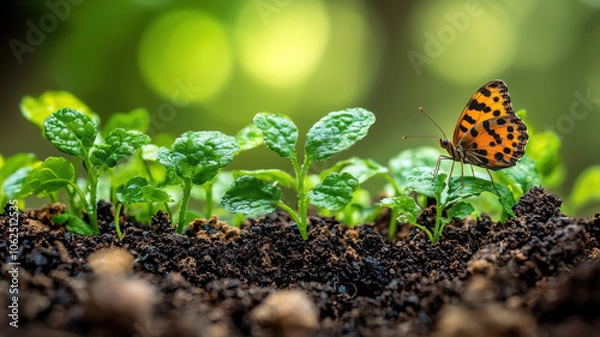 Fototapeta butterfly perched on young green plants in rich soil, symbolizing growth and nature beauty. soft focus background enhances serene atmosphere
