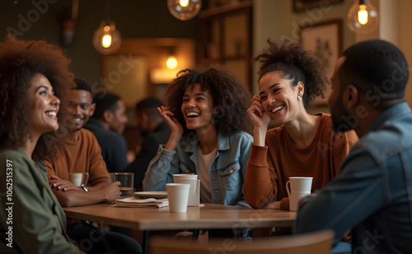 Fototapeta A group of friends laughing and enjoying themselves in a cozy coffee shop, warm lighting, casual and candid atmosphere, various ethnic backgrounds, modern casual clothing