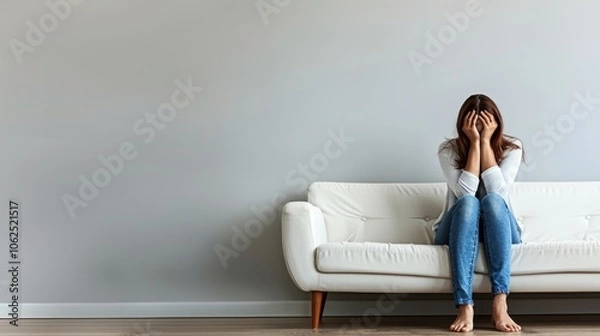 Fototapeta Distressed Woman Sitting on Couch with Head in Hands in Cozy Home Setting