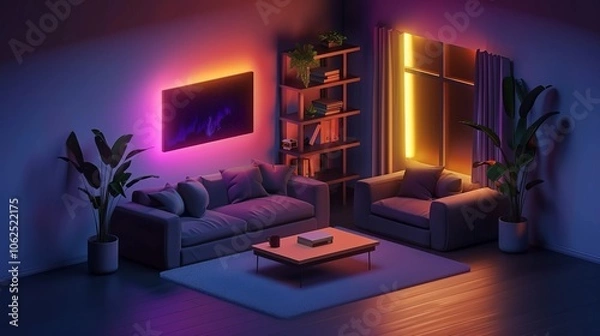 Obraz Vibrant and Cozy Living Room with LED Lighting Creating a Warm and Inviting Atmosphere