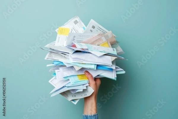 Fototapeta A hand nervously holding a pile of overdue bills and debt notices against a solid color background, highlighting financial anxiety