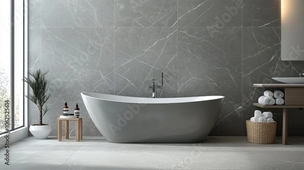 Obraz A realistic photo of a modern bathroom featuring sleek gray marble tiles and a freestanding bathtub The minimalist design and serene atmosphere create a luxurious space for relaxation and tranquility