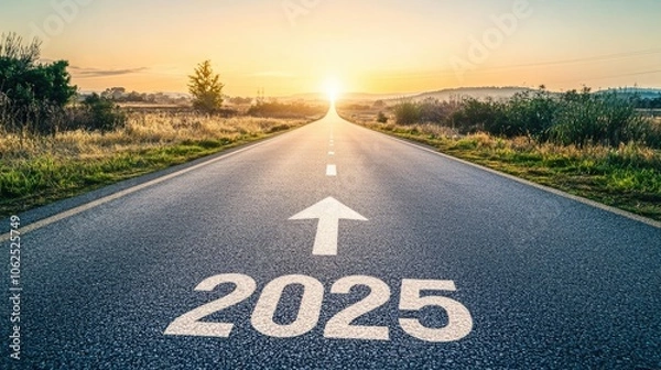 Fototapeta Text "2025" and arrow pointing towards the horizon written on asphalt features a long, empty road stretching toward a glowing horizon, symbolizing hope, success, and positivity in the new year.