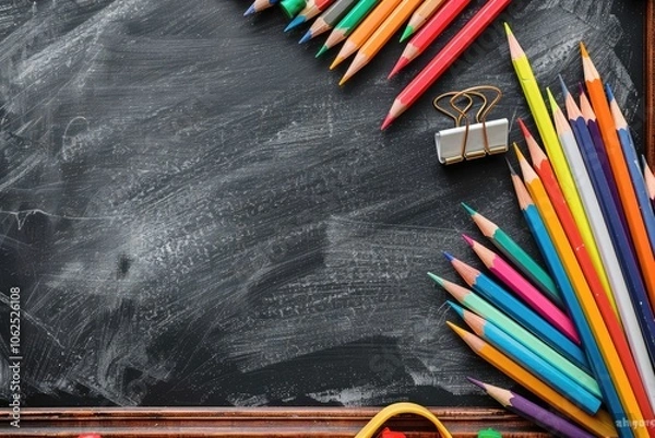 Fototapeta Blackboard with scattered stationery and color pencils, top view, spacious copy space for text