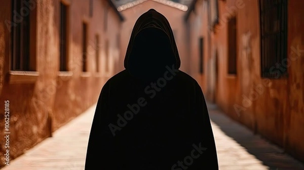 Fototapeta Mysterious figure in a hooded cloak, standing in a narrow alleyway.