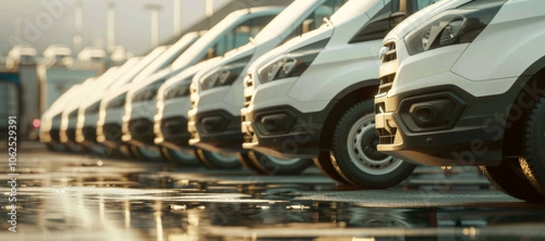 Fototapeta Transporting service company. Delivery logistics. White delivery vans in row. Parkende Autos, vehicle. Commercial fleet. AI generated image