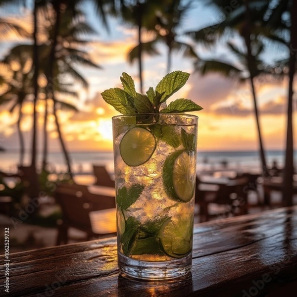 Fototapeta Cuban mojito with mint, lime, and ice on beach bar counter, palm trees and sunset ocean in background