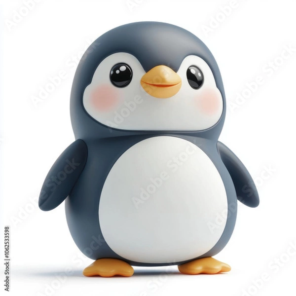 Fototapeta A cute, cartoon penguin figure with a round body, big eyes, and an orange beak, designed in a playful and friendly manner.