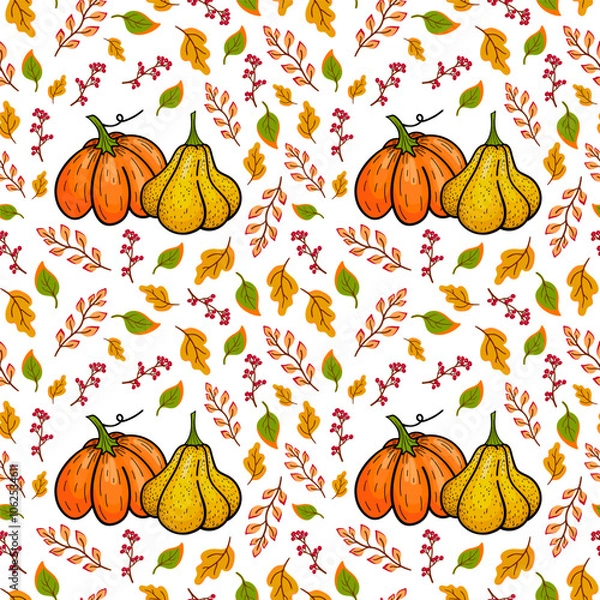 Fototapeta Seamless autumn pattern. Hand drawn yellow and orange pumpkins and bright leaves on white background. Design for Halloween holiday costume, greeting card, banner, party invitation. 