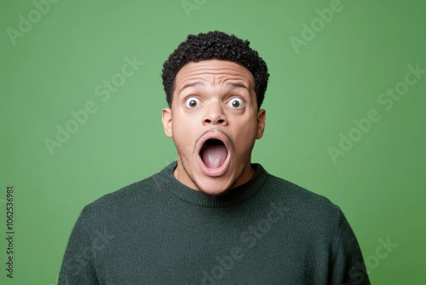 Fototapeta Shocked expression on man with curly hair against green background, conveying surprise and disbelief. His wide open mouth and eyes reflect strong emotional reaction