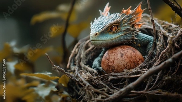 Obraz Small dragon emerging from cracked egg in twig nest