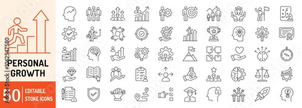Fototapeta Personal Growth collections editable stroke outline web icons set. Personal growth, vision, creativity, leadership, success, skill, open mind, coaching and career progress. Vector illustration