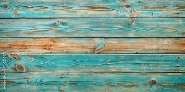 Fototapeta A weathered wooden surface with a turquoise blue hue, showcasing the natural grain and texture of the planks, revealing a story of time and exposure.