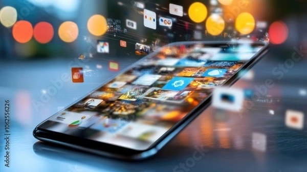 Fototapeta Digital convenience: smartphone integrated multimedia programs, providing seamless access to entertainment, applications, content, advanced mobile technology enhanced communication, user experience.