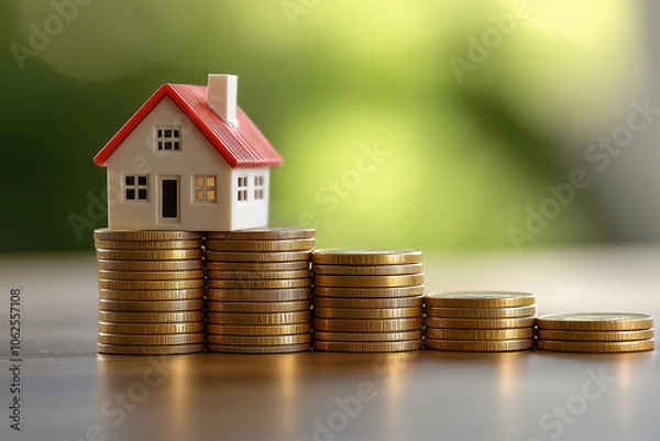 Obraz A small white house with a red roof sits atop a stack of gold coins feeling of prosperity and wealth, concept of financial stability and homeownership. 