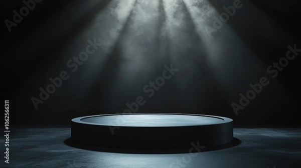 Fototapeta Black Circular Platform in Dark Room with Light Rays