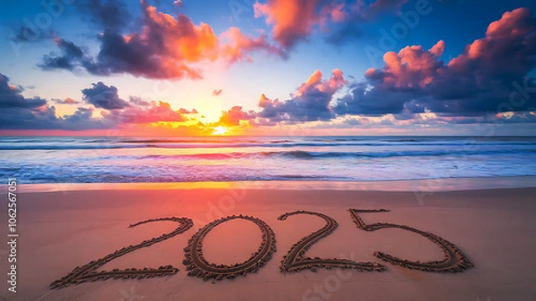 Obraz Happy new year 2025 concept, beach sunset with '2025' in sand, warm vibrant colors, empty shore