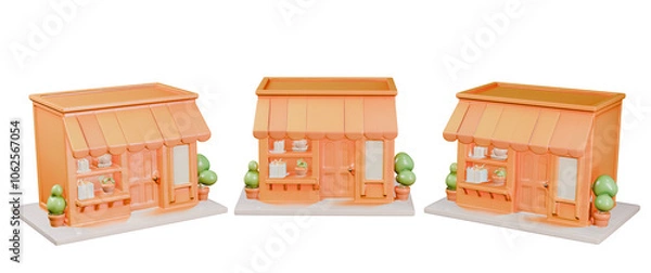 Fototapeta 3d modeling shop building in cute style colored orange with some various rotate on transparent background. Perfect for online shop or marketplace graphic requirements. render building and architecture