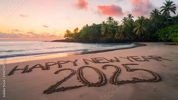 Obraz Happy new year 2025 concept, beach sunset with '2025' in sand, warm vibrant colors, empty shore