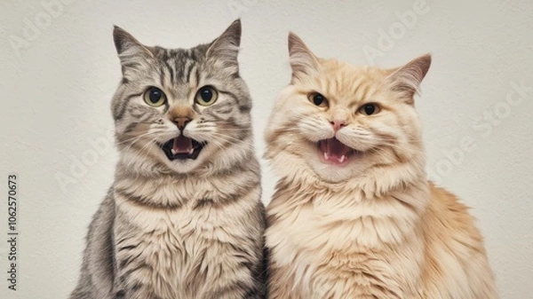 Fototapeta Gray Tabby and Orange Tabby Cats Meowing with Open Mouths