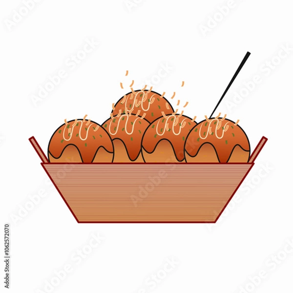 Fototapeta illustration of takoyaki in a carrier complete with takoyaki sauce, sliced topping crumbs, and a stick to eat the takoyaki