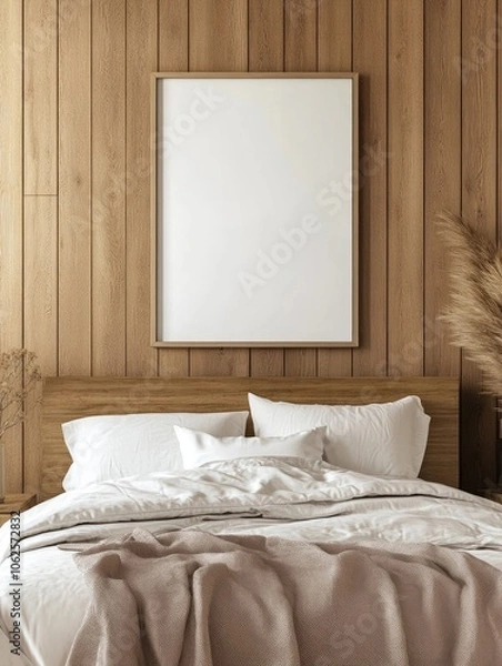 Fototapeta Cozy bedroom scene with neat bed with white pillows and light blanket and a blank hanging picture on the wall