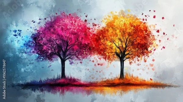 Fototapeta Colorful trees with vibrant splashes of paint, showcasing artistic beauty in nature. Ideal for decorative purposes.