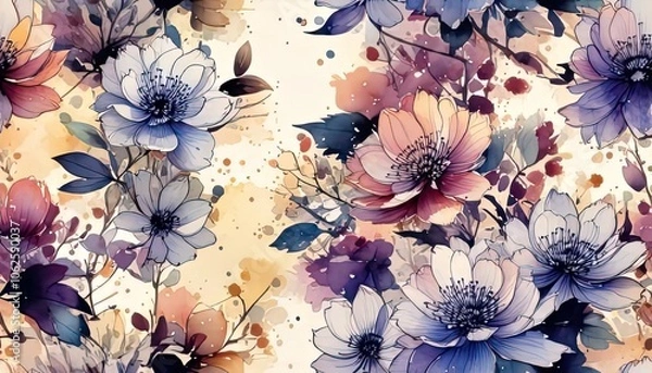 Obraz Lovely watercolor hand-drawn summertime flowers in a seamless vector floral design. stock photo. Natural art