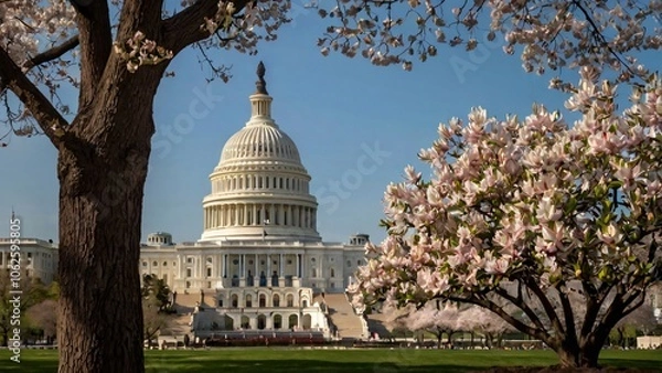 Fototapeta US Capitol Building with Blooming Trees in Spring