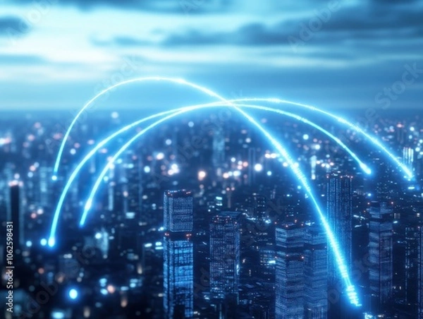 Fototapeta A futuristic cityscape with glowing lines representing data flow and connectivity between skyscrapers under a dramatic sky.