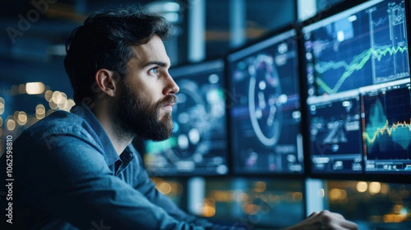 Fototapeta Data analyst focused on financial graphs and charts, analyzing trends and making decisions. atmosphere is intense and professional, highlighting importance of data in modern business