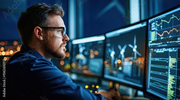 Fototapeta technician monitors data on multiple screens in control room, focusing on wind turbine performance at night. atmosphere is high tech and professional, showcasing importance of renewable energy