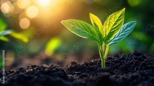 Obraz Young Green Plant Growing in Fertile Soil with Sunlight in the Background, Symbolizing New Beginnings and Sustainable Agriculture