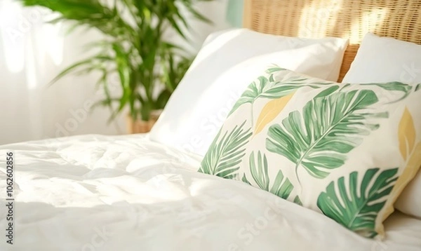Fototapeta Jungle bedroom interior with close-up view of vibrant green tropical palm leaves, Generative AI 