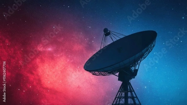 Obraz A stunning image of a satellite dish against a colorful cosmic background, showcasing technology and the wonders of space.