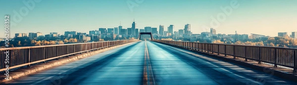 Fototapeta Glossy Empty Bridge Leading to City Skyline Under Clear Sky with Copy Space for Background Use in Advertisements or Banners Evoking Excitement and Anticipation Perfect for Photo Stock Concepts