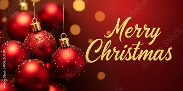 Fototapeta Merry christmas banner, shiny red and gold Christmas baubles on the left side, with (Merry Christmas) in stylish, metallic gold text on the right